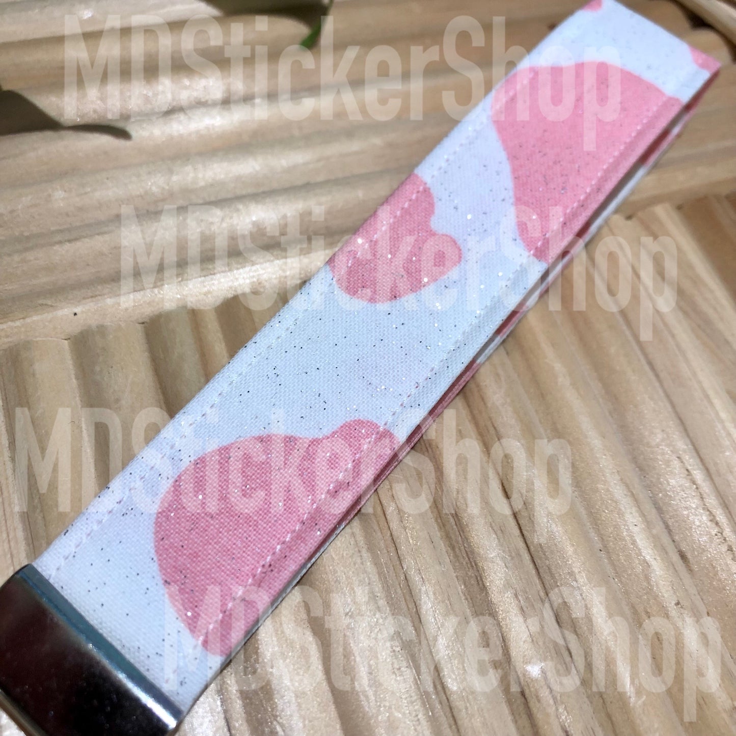 Pink and White Glitter Cow Print Fabric Keychain, Key Fob