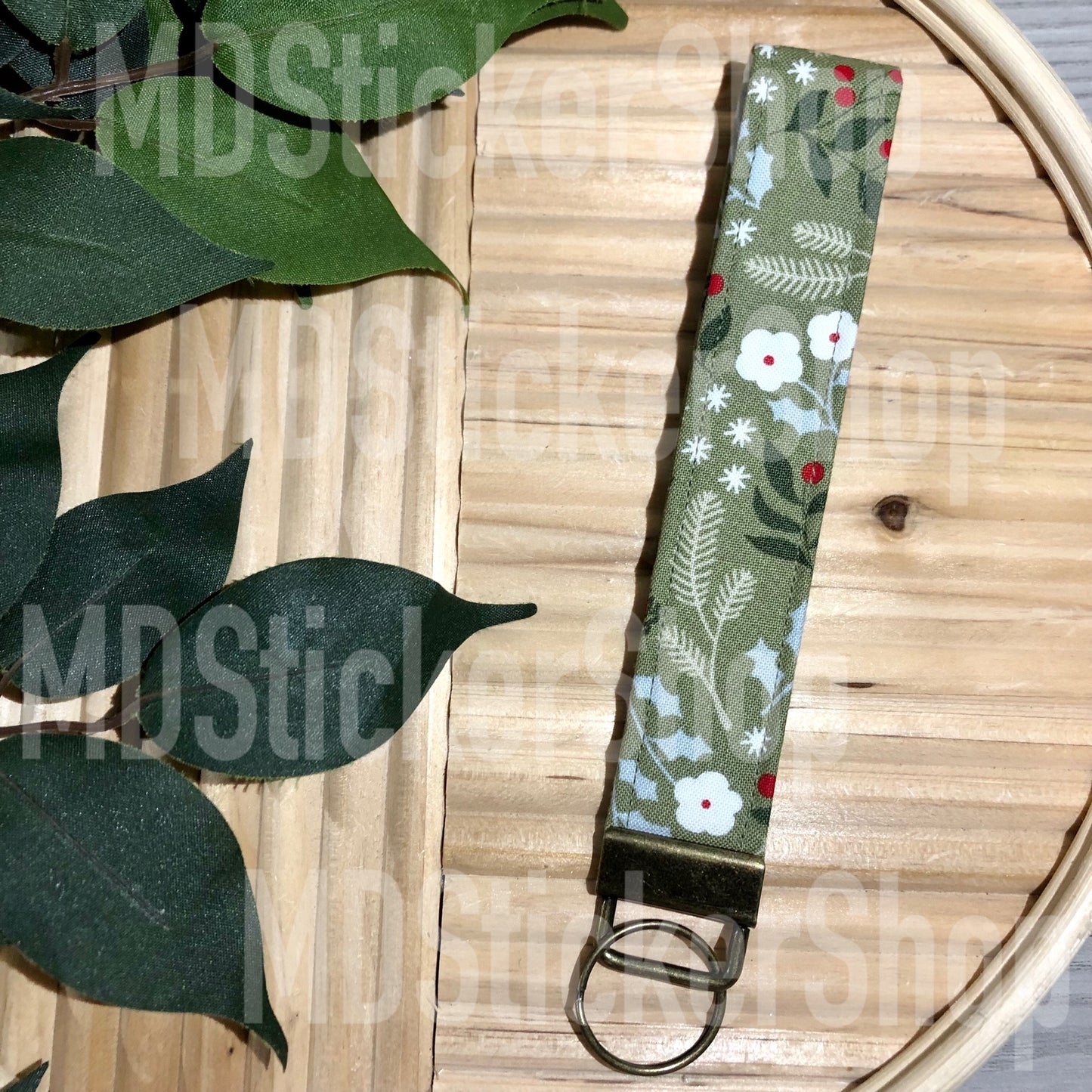 Green Christmas Floral Print Fabric Keychain, Key Fob