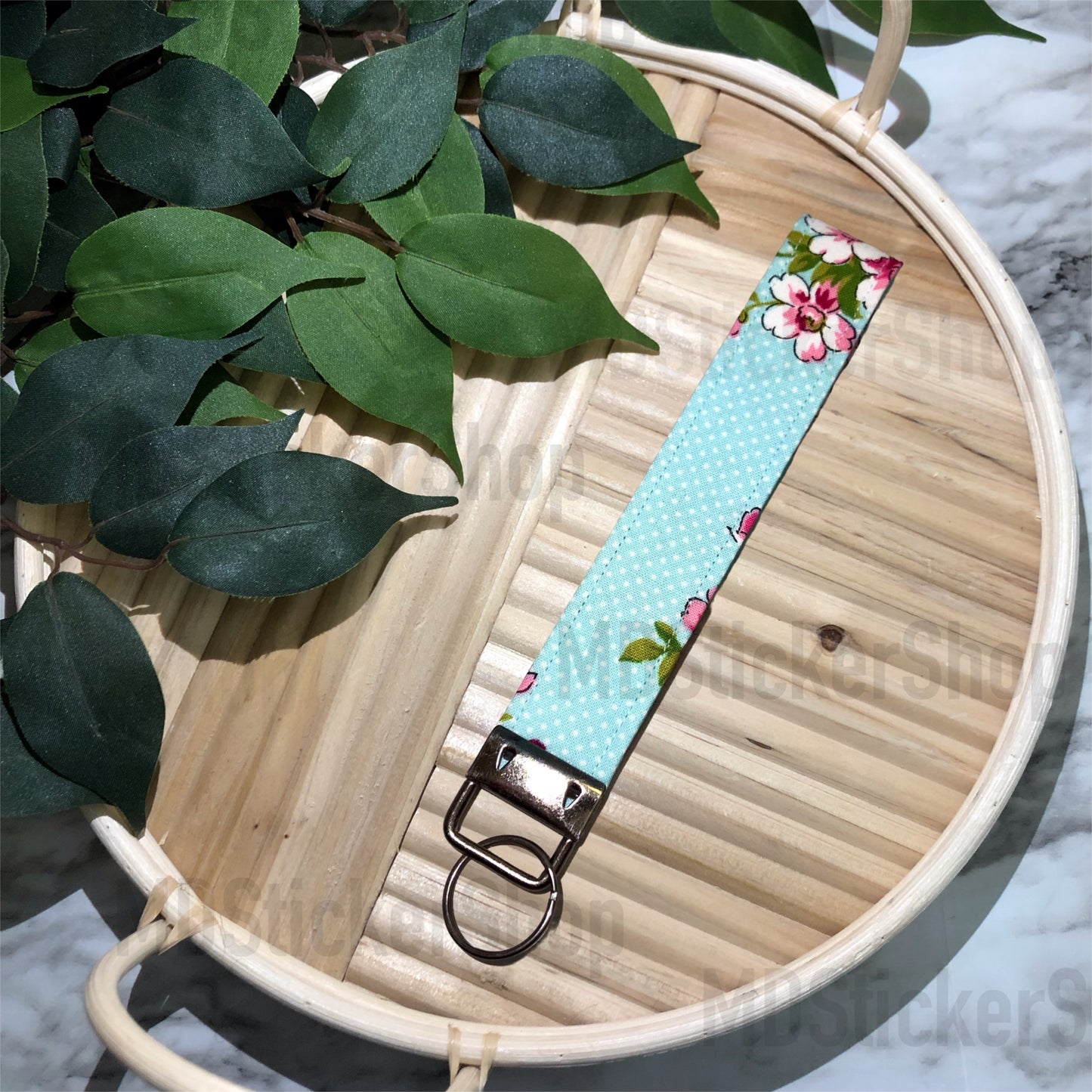 Pink Floral on Aqua Dot Print Fabric Keychain, Key Fob