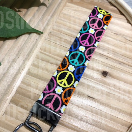 Peace and Daisy Print Fabric Keychain, Key Fob