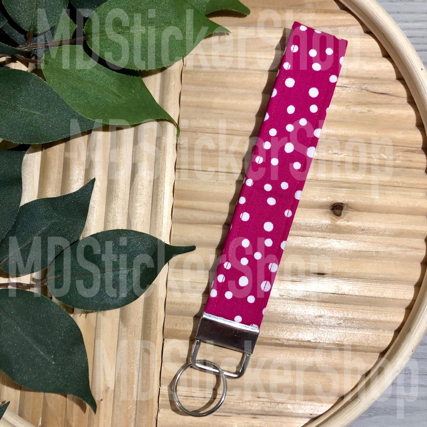 Magenta Dot Print Fabric Keychain, Key Fob