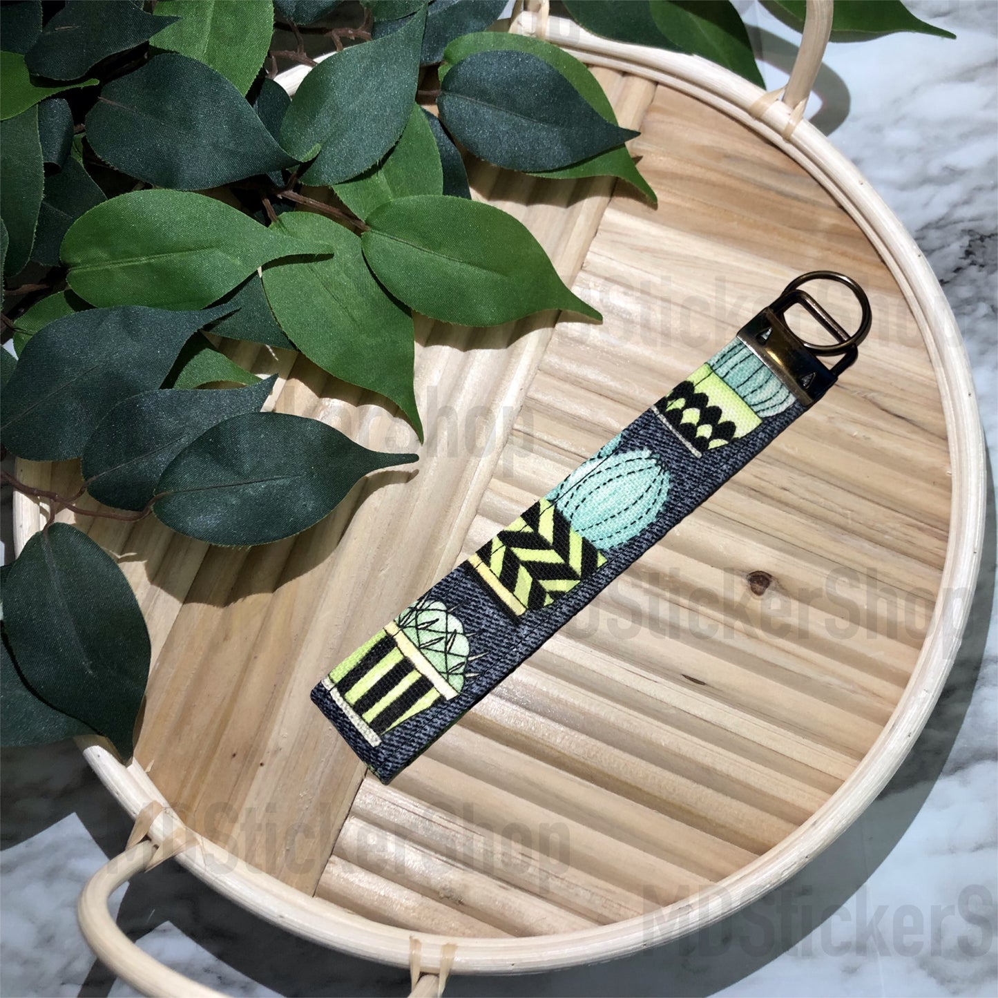 Denim Cactus Print Fabric Keychain, Key Fob
