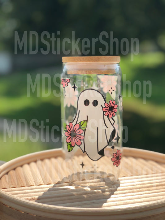 Floral Ghost Halloween Beer Can Glass Cup