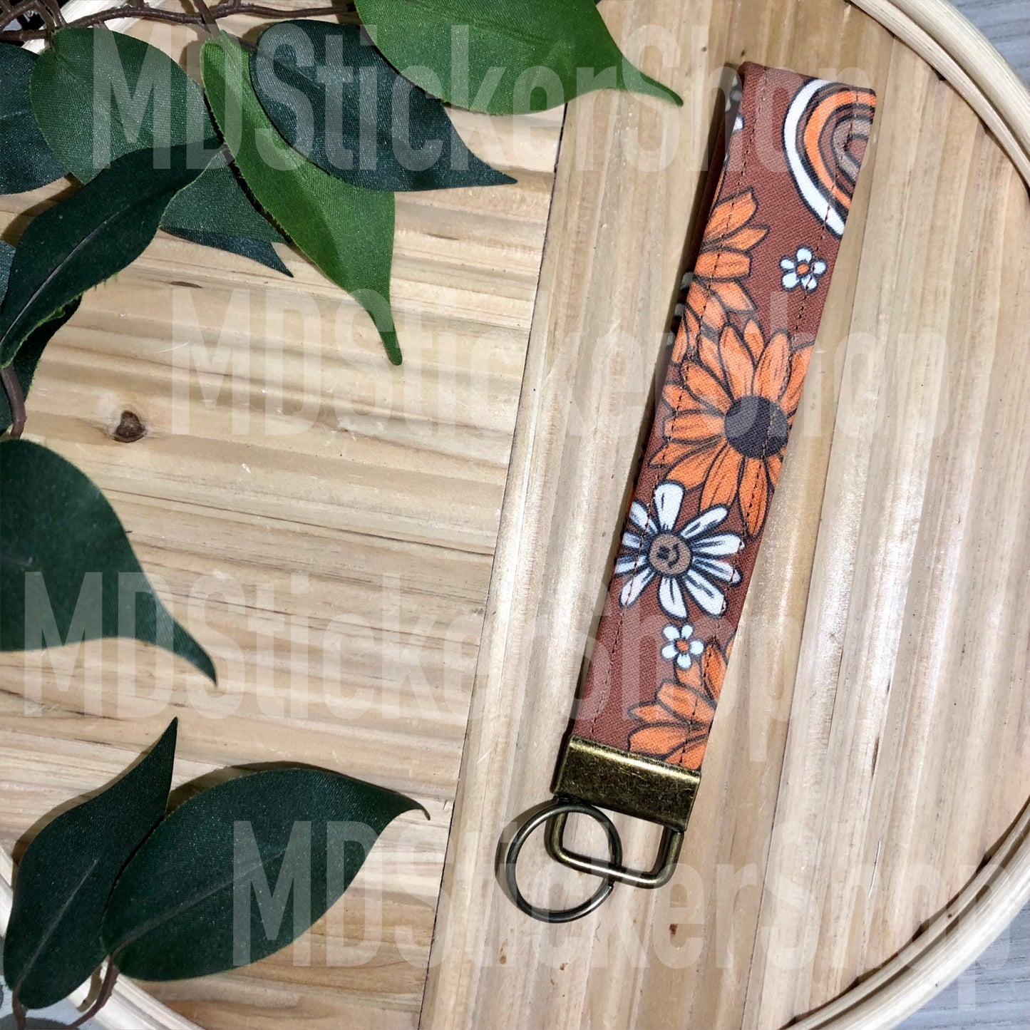 Fall Rainbow Floral Print Fabric Keychain, Key Fob