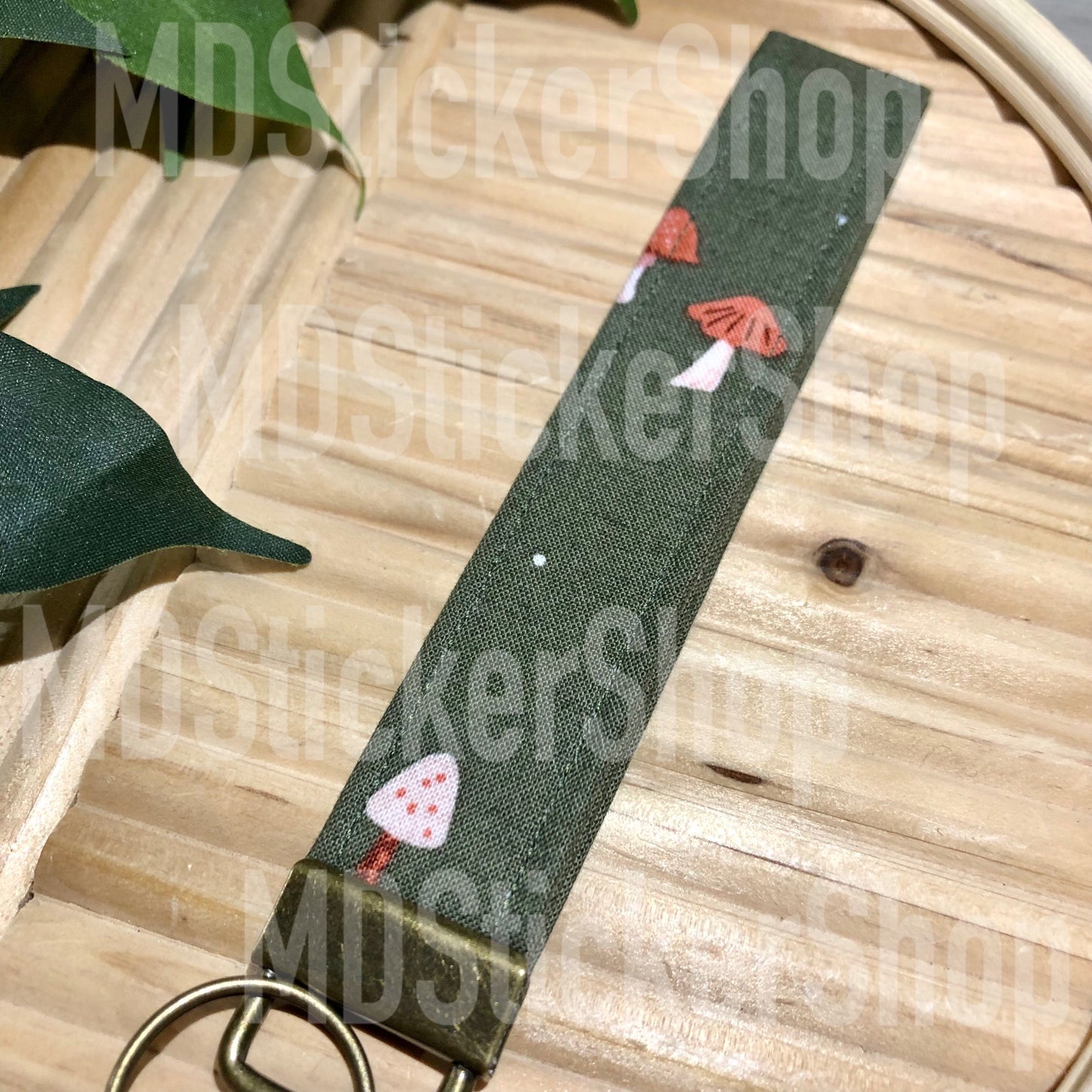 Green Mushroom Print Fabric Keychain, Key Fob