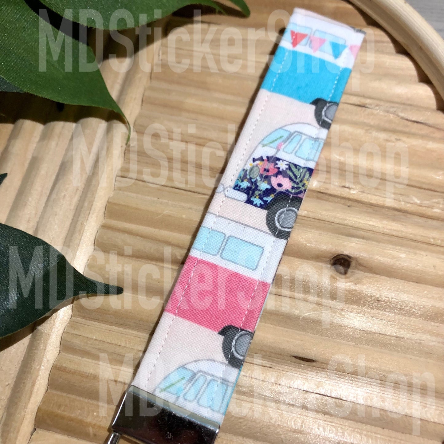 Floral Groovy Bus Print Fabric Keychain, Key Fob