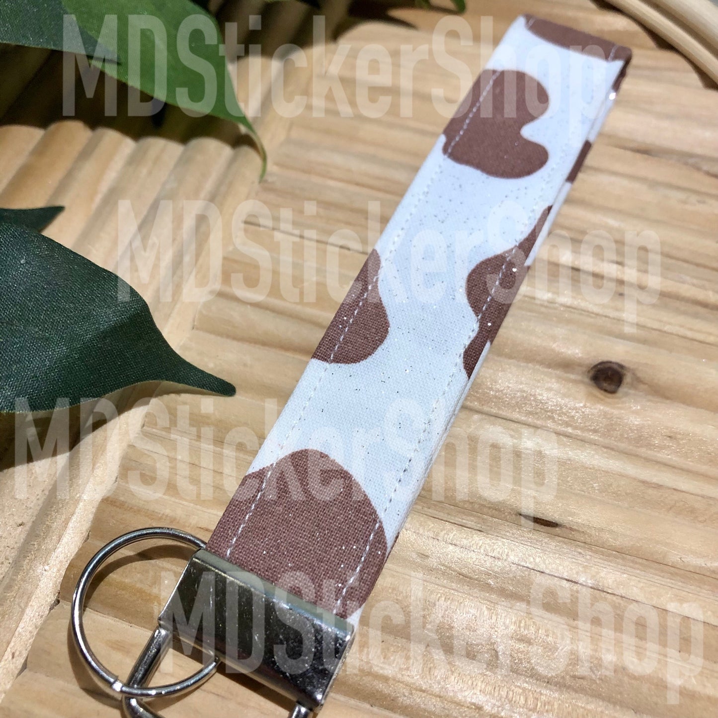 Brown and White Glitter Cow Print Fabric Keychain, Key Fob