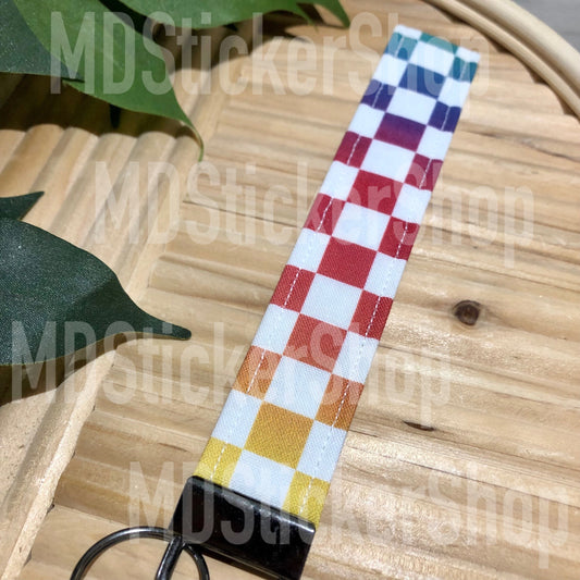 Rainbow C heck Print Fabric Keychain, Key Fob