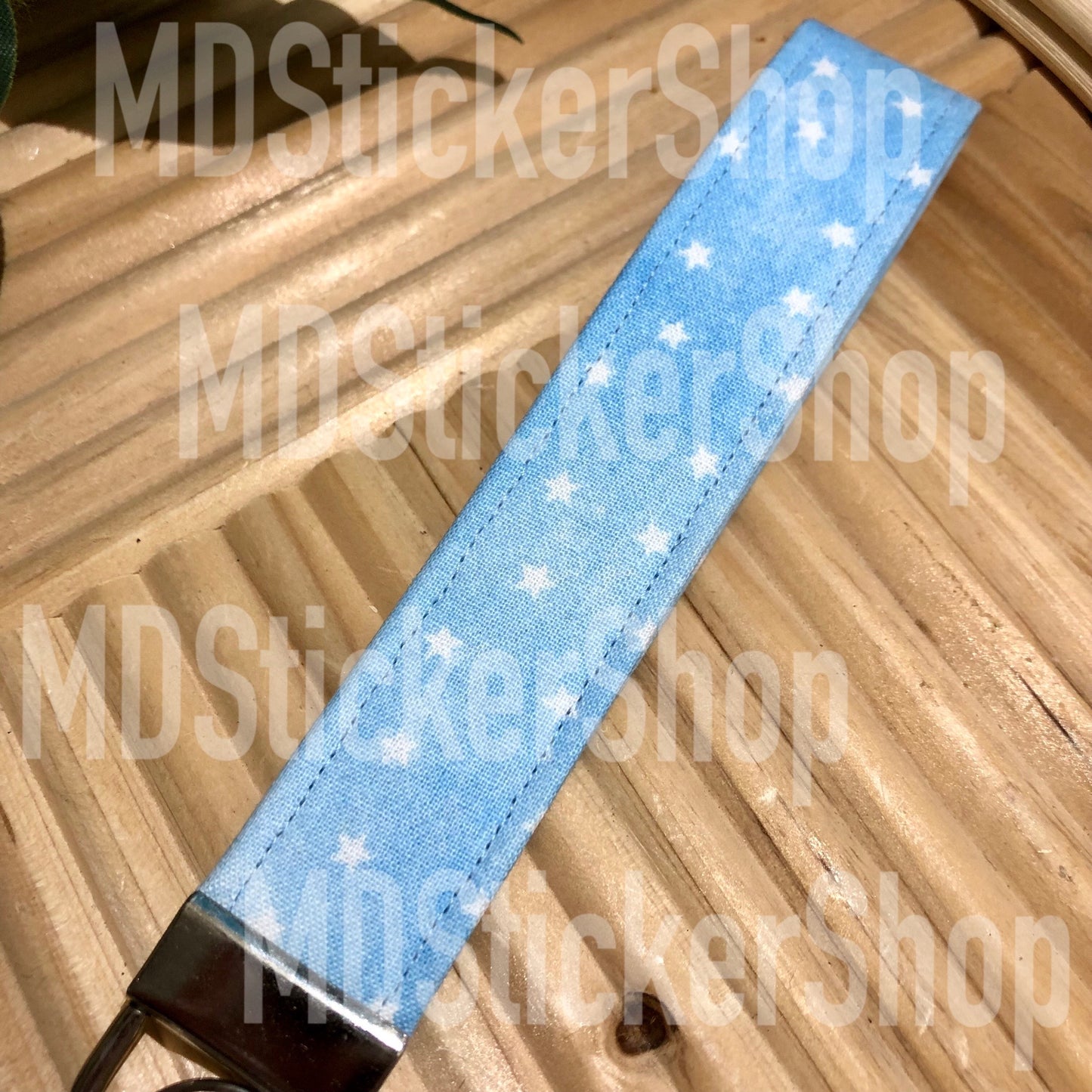 Sky Blue Star Print Fabric Keychain, Key Fob