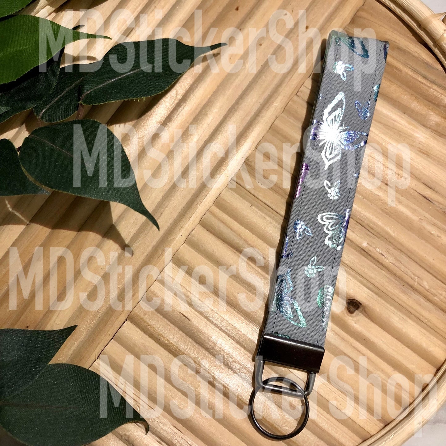 Grey Metallic Butterfly Print Fabric Keychain, Key Fob