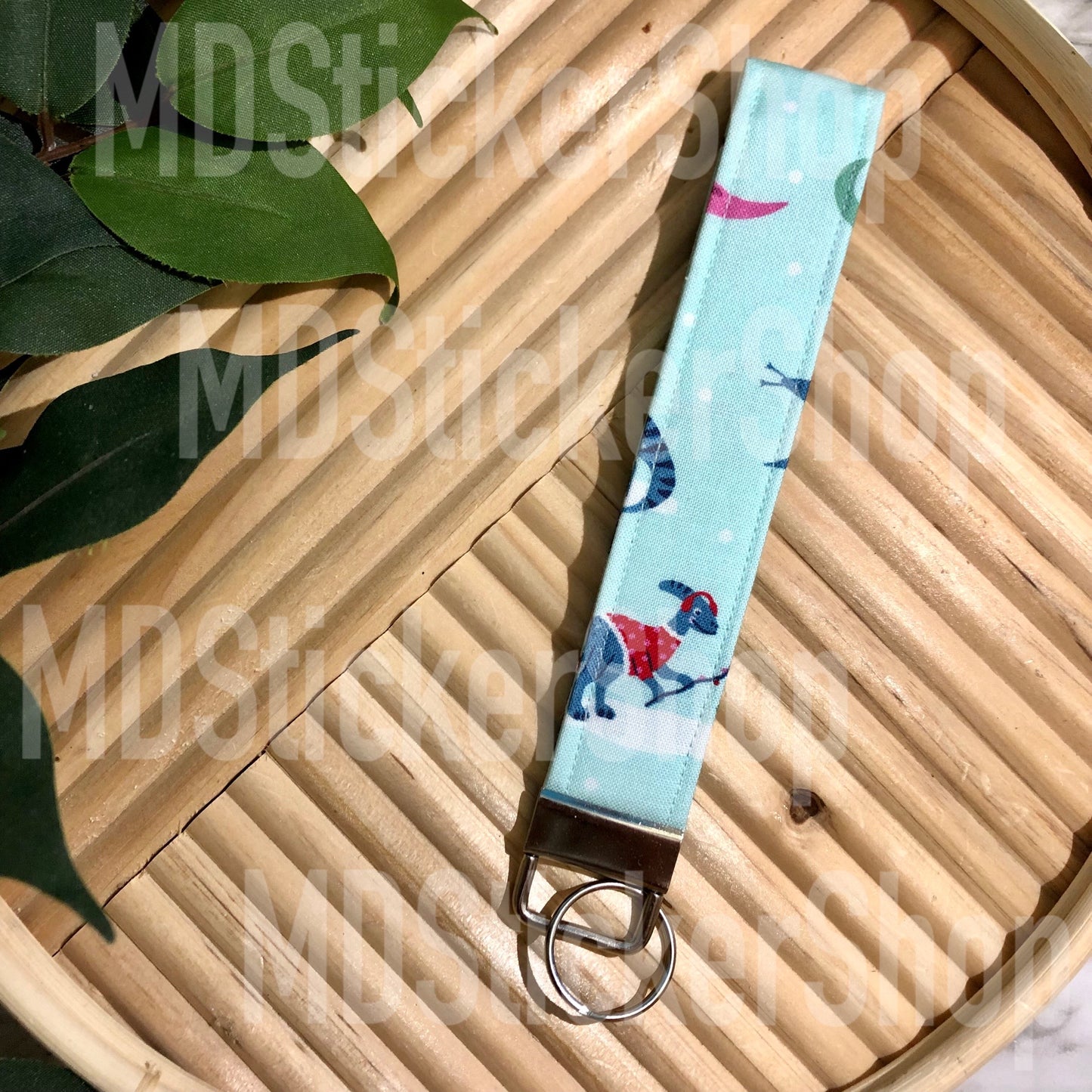 Skiing Dinosaurs Print Fabric Keychain, Key Fob