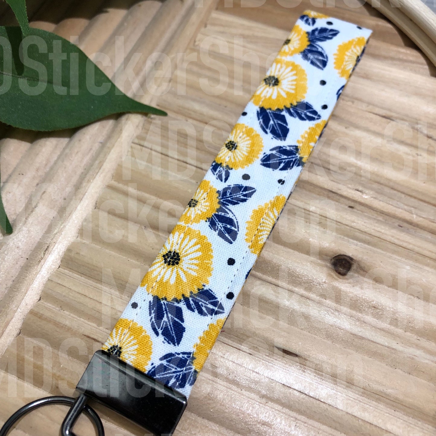 Golden Flower Print Fabric Keychain, Key Fob