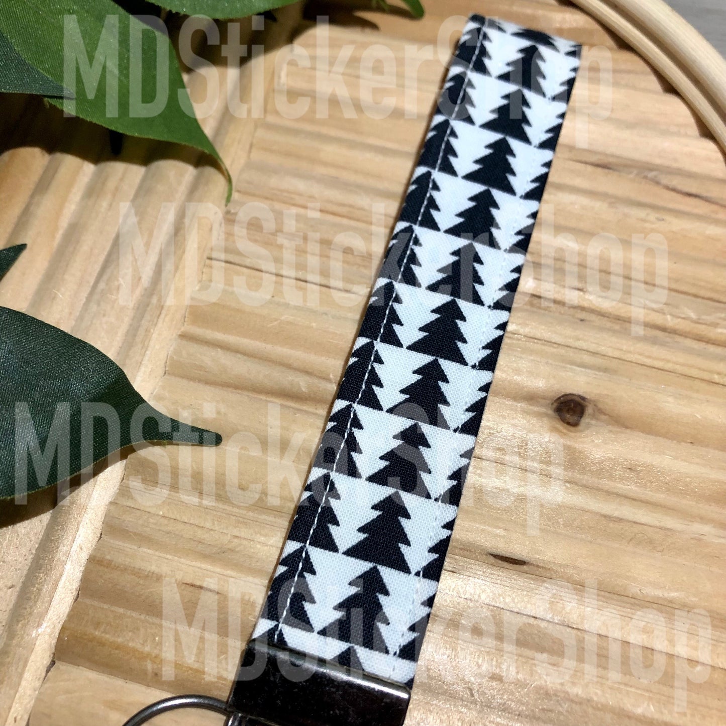 Black and White Tree Print Fabric Keychain, Key Fob