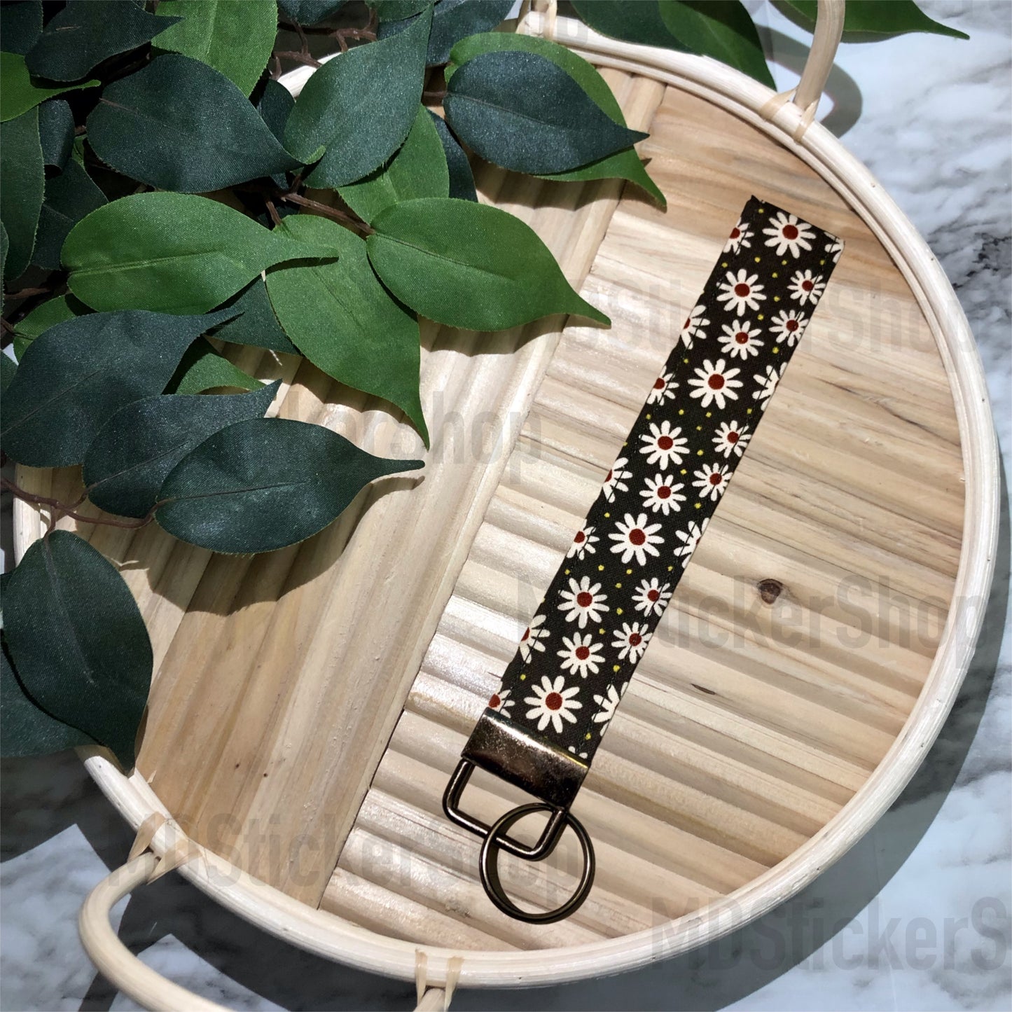 Deep Grey Floral Print Fabric Keychain, Key Fob