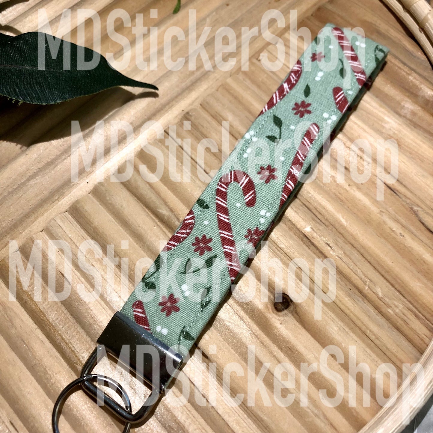 Green Candy Cane Print Fabric Keychain, Key Fob