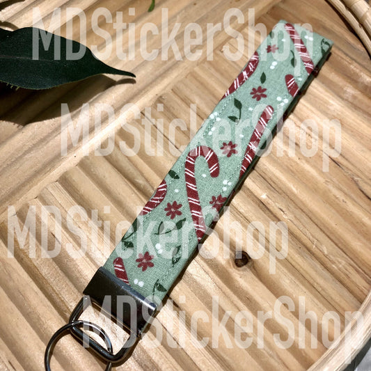 Green Candy Cane Print Fabric Keychain, Key Fob
