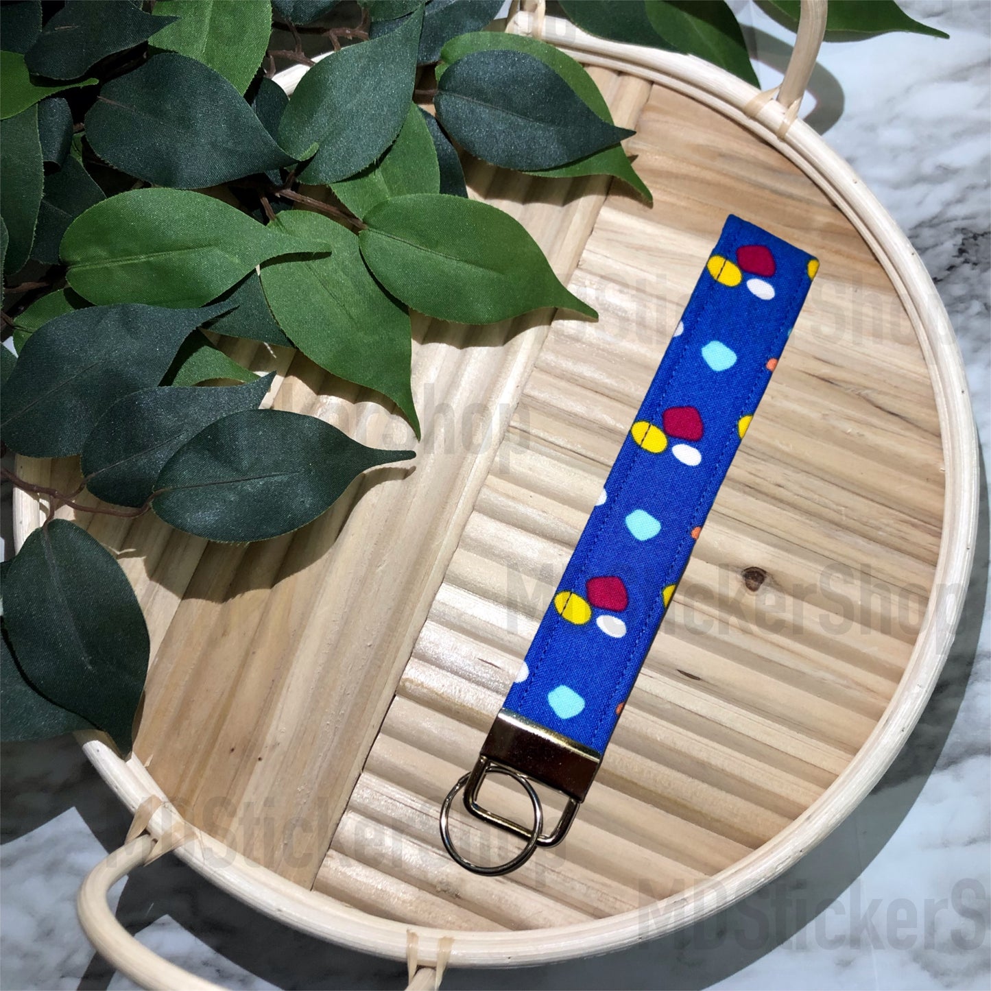 Colorful Dots on Blue Print Fabric Keychain, Key Fob