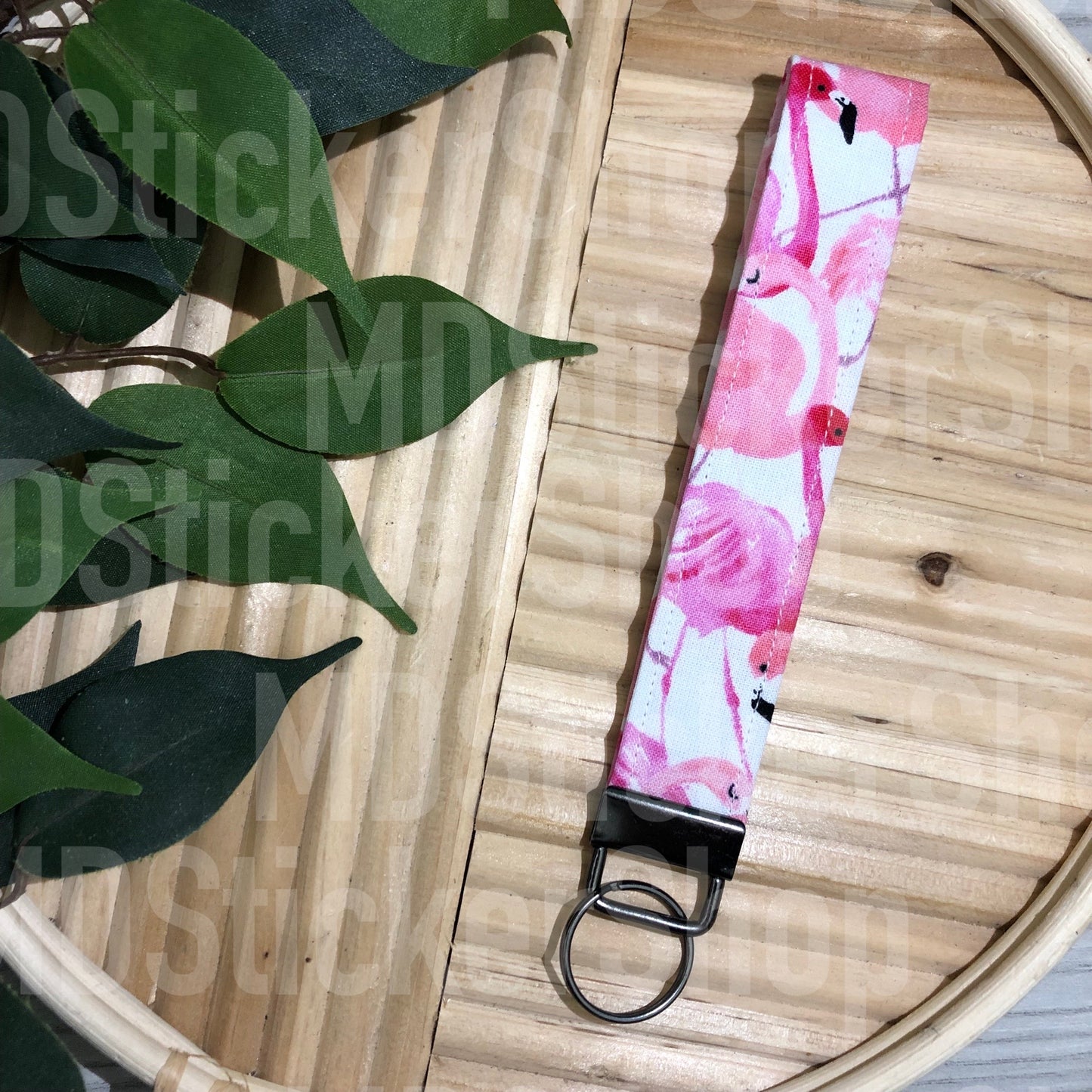 Flamingo Watercolor Print Fabric Keychain, Key Fob