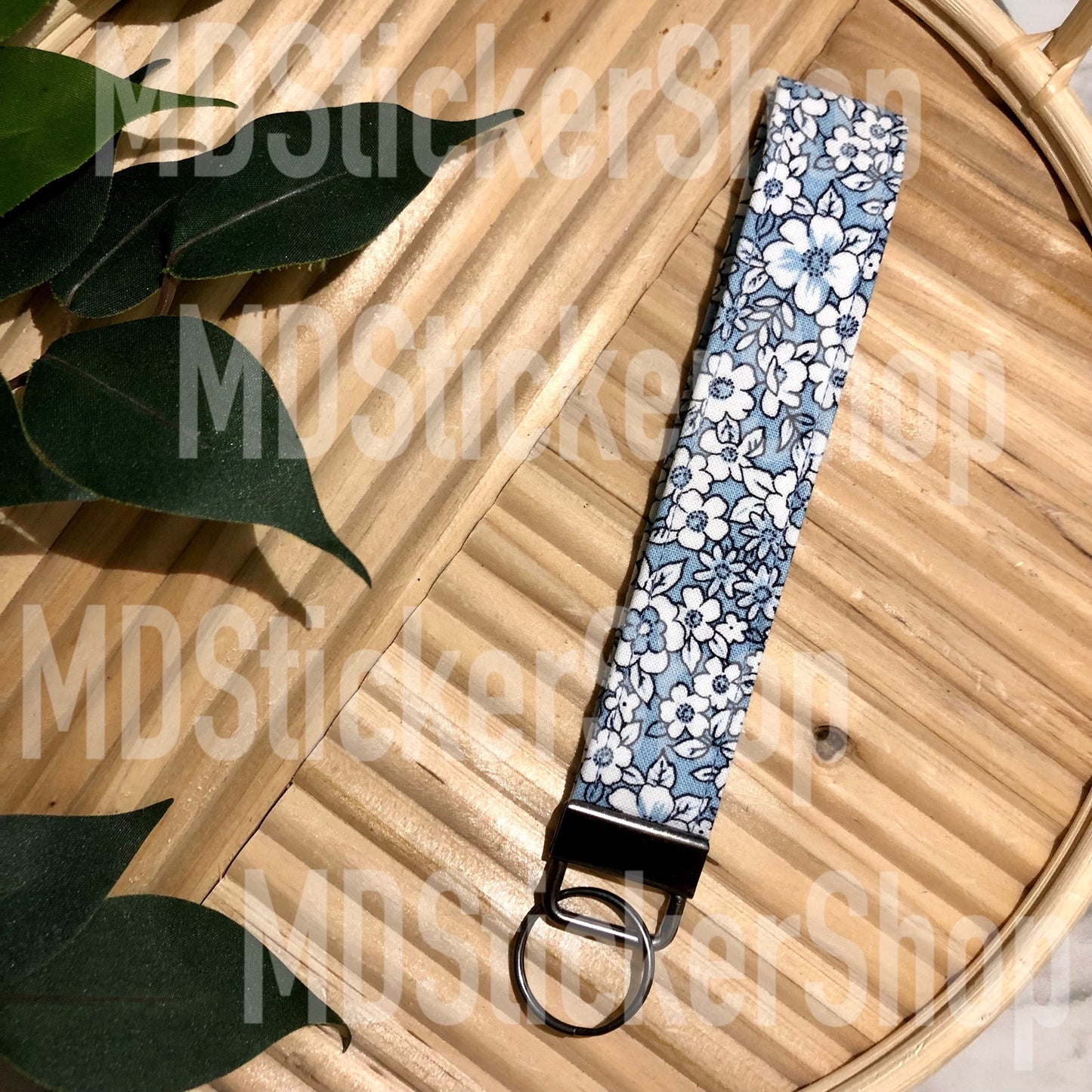Baby Blue Floral Print Fabric Keychain, Key Fob