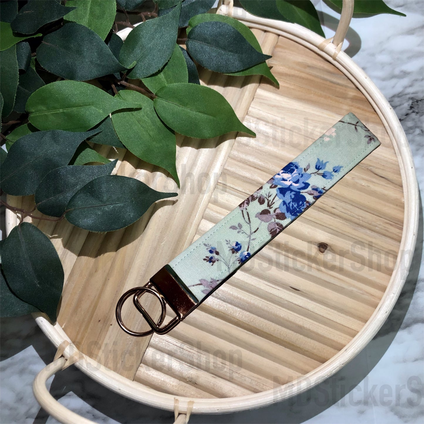 Mint Vine Print Fabric Keychain, Key Fob