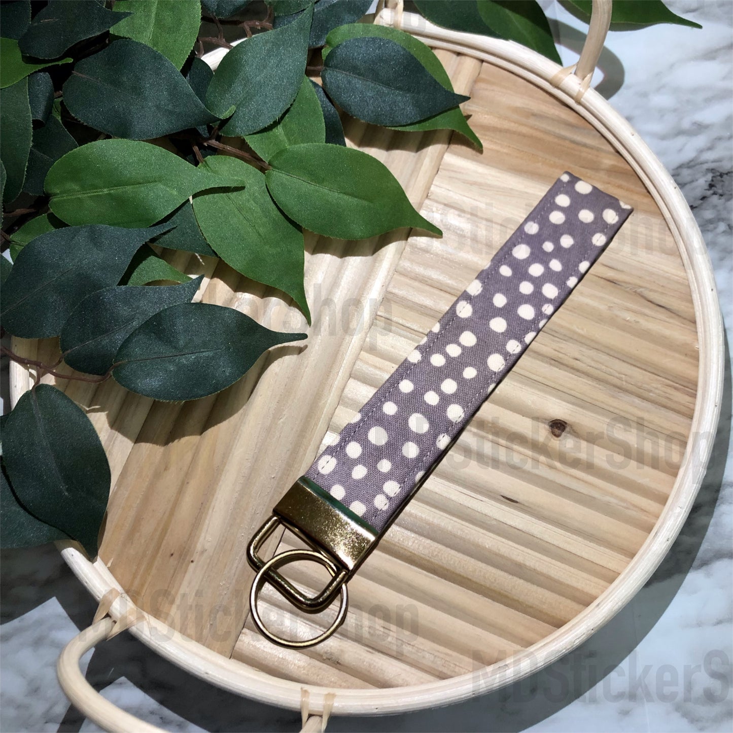 Grey Dot Print Fabric Keychain, Key Fob
