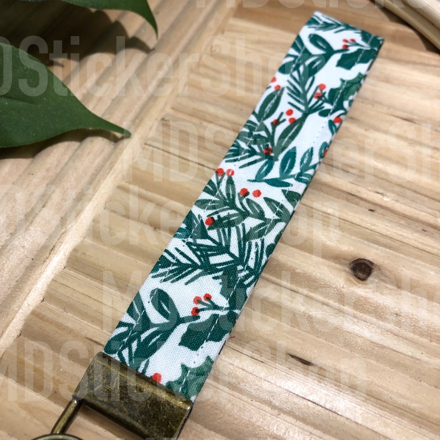 Holly Print Fabric Keychain, Key Fob