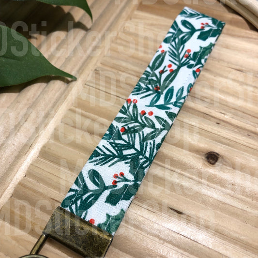 Holly Print Fabric Keychain, Key Fob