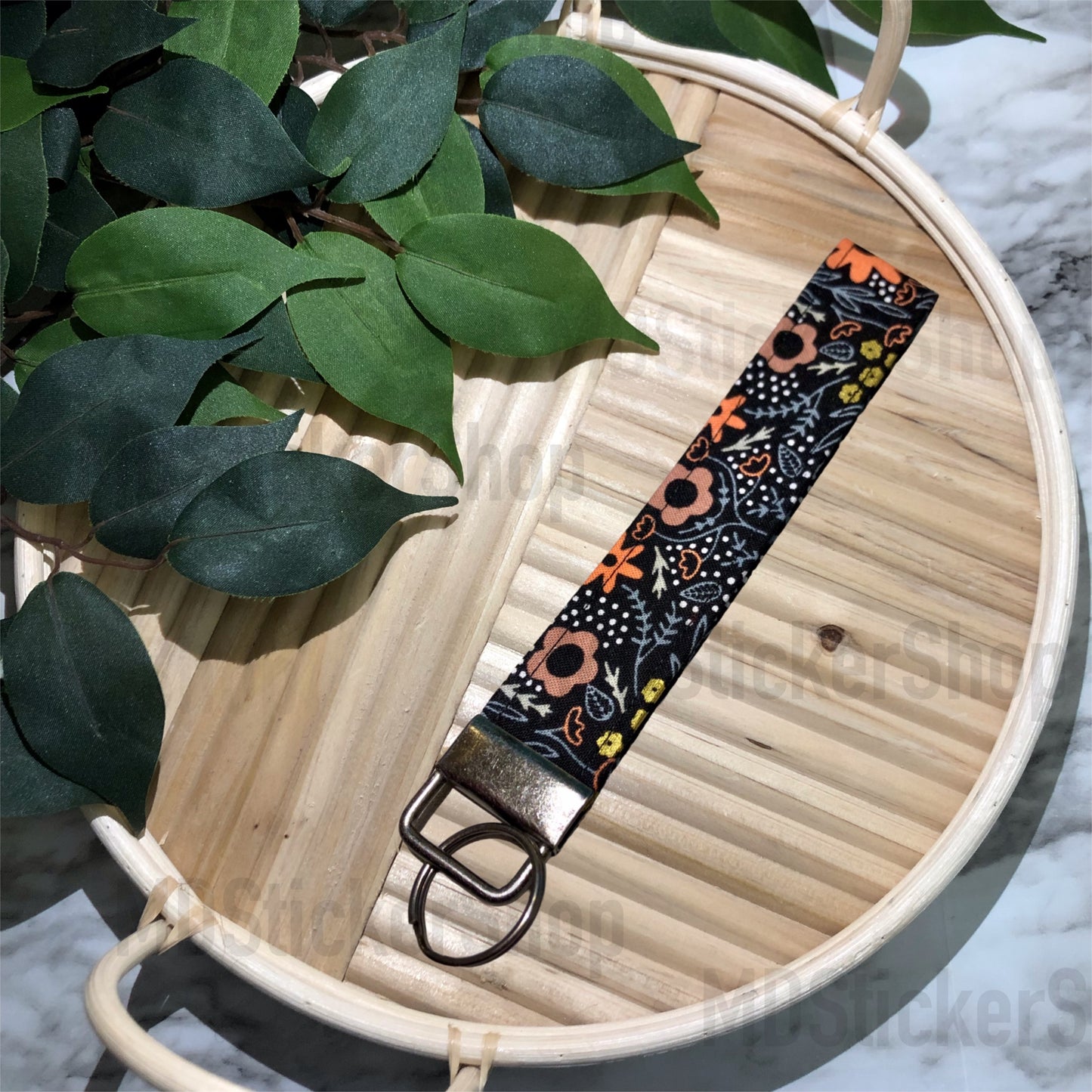 Black Bold Floral Print Fabric Keychain, Key Fob