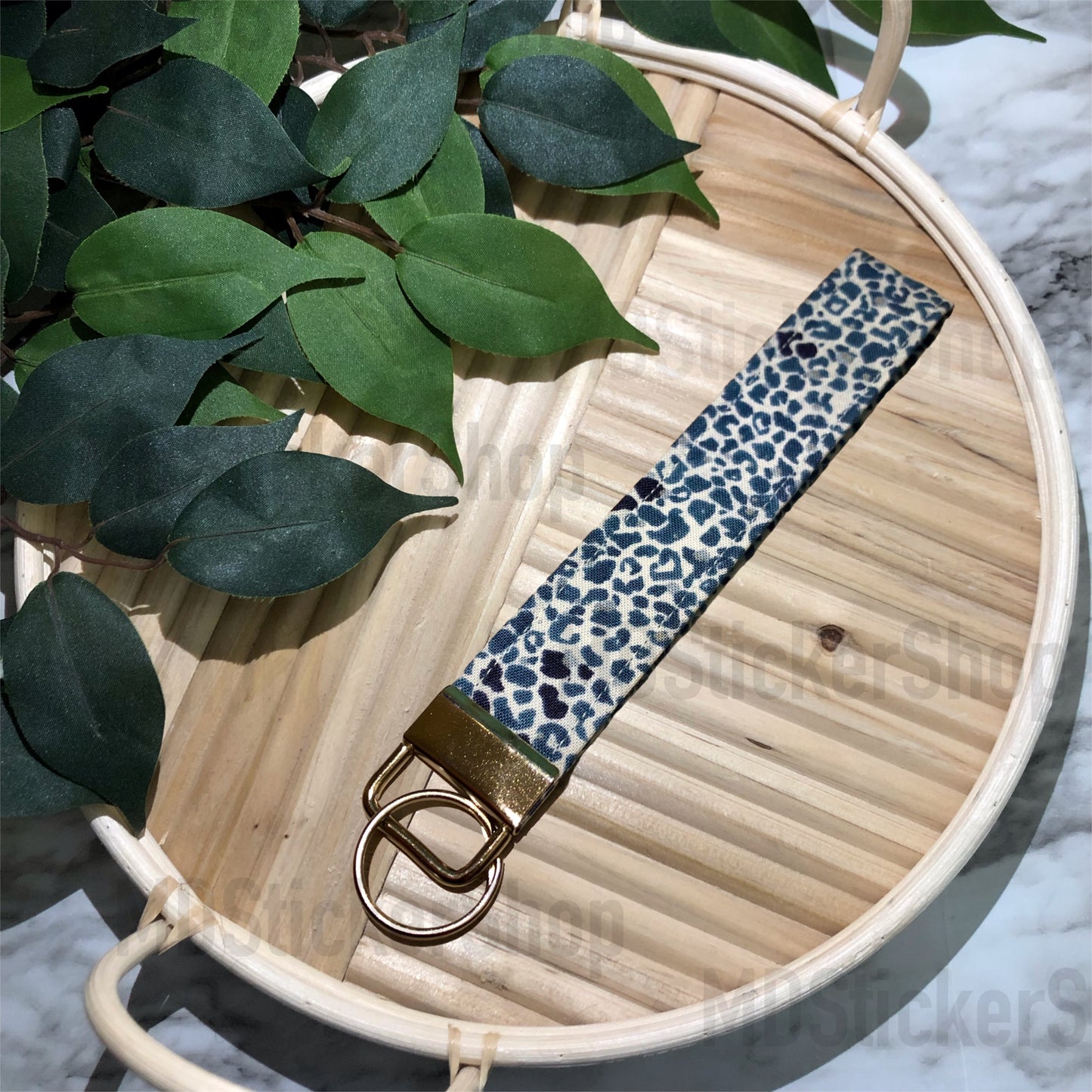 Blue Animal Print Fabric Keychain, Key Fob