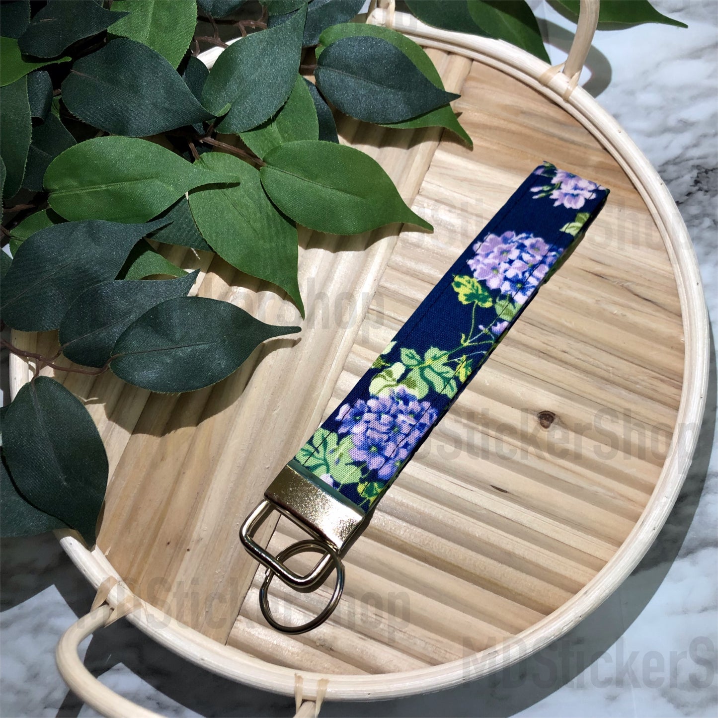 Purple Hydrangea on Navy Print Fabric Keychain, Key Fob