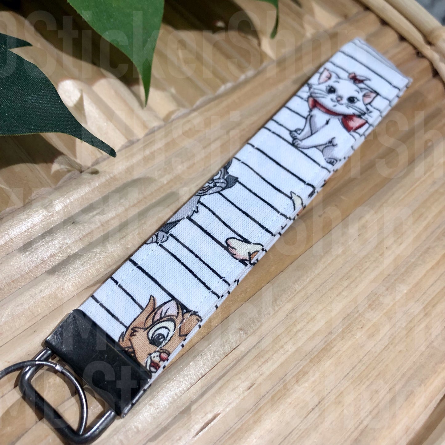 Cartoon Kitties on White Stripe Print Fabric Keychain