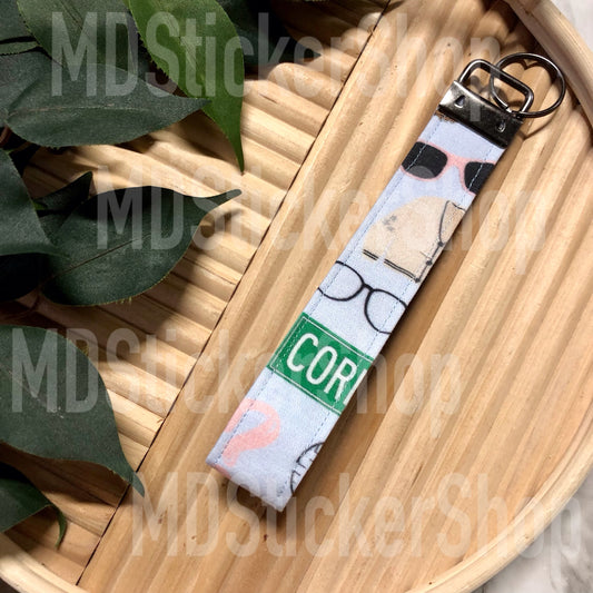 TS Icons on Blue Print Fabric Keychain, Key Fob