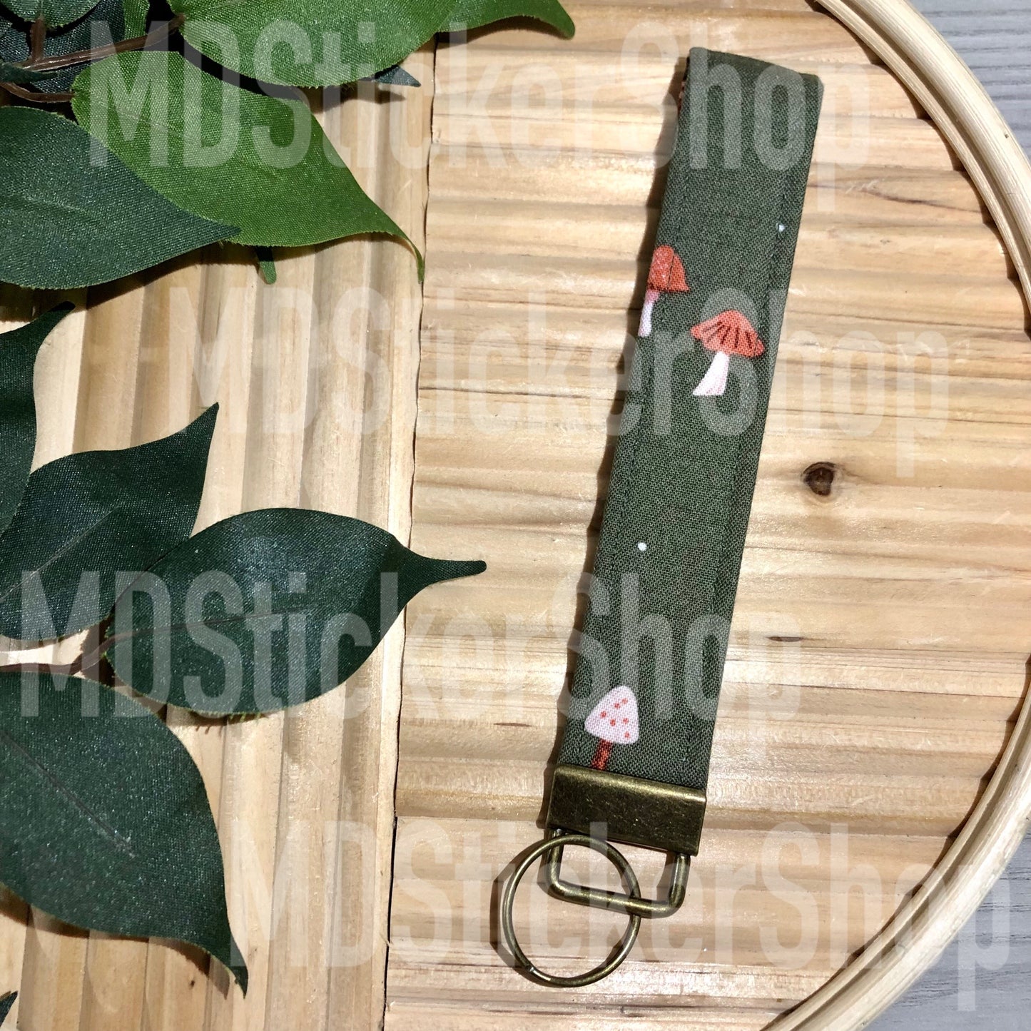 Green Mushroom Print Fabric Keychain, Key Fob