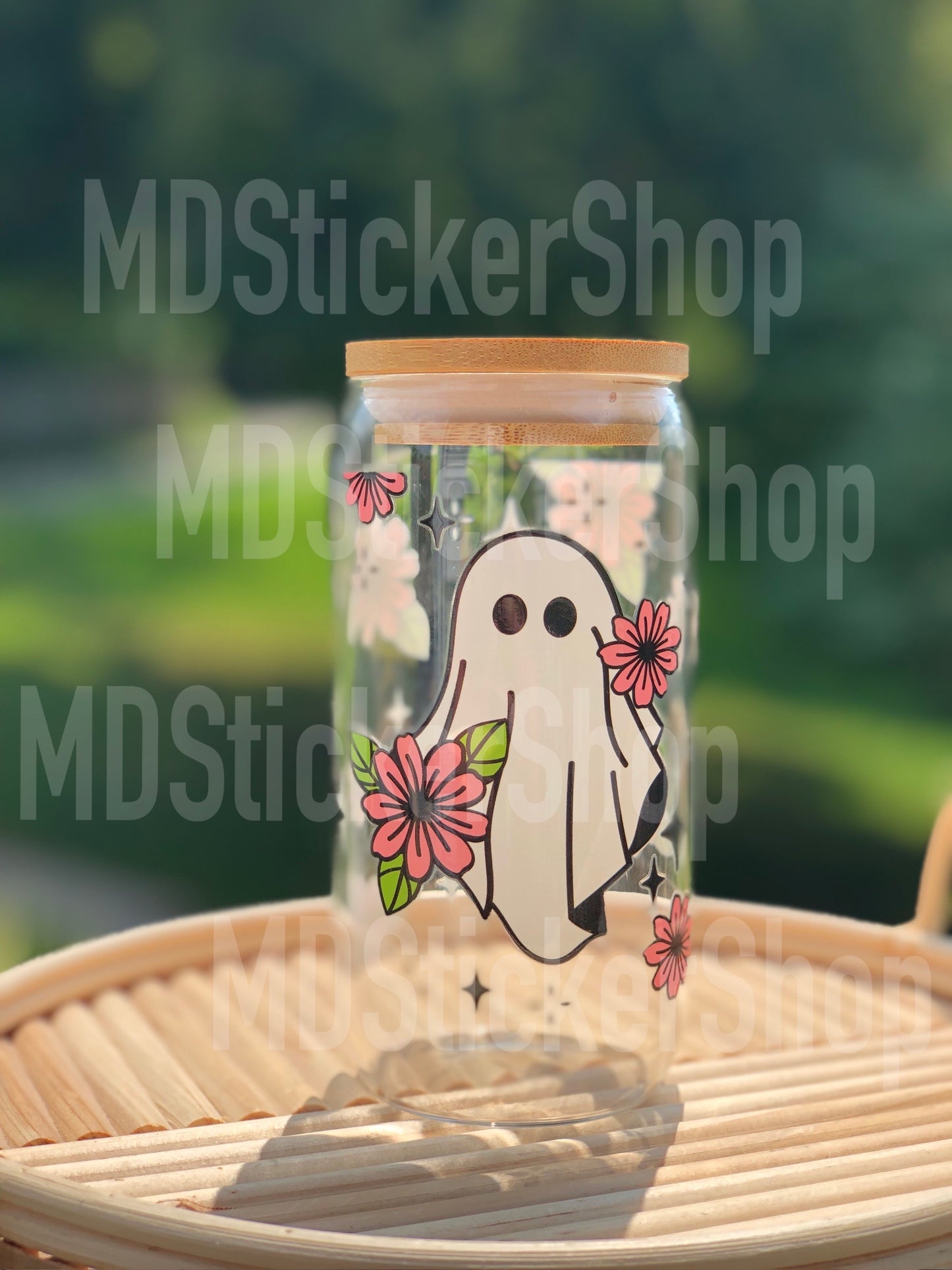 Floral Ghost Halloween Beer Can Glass Cup