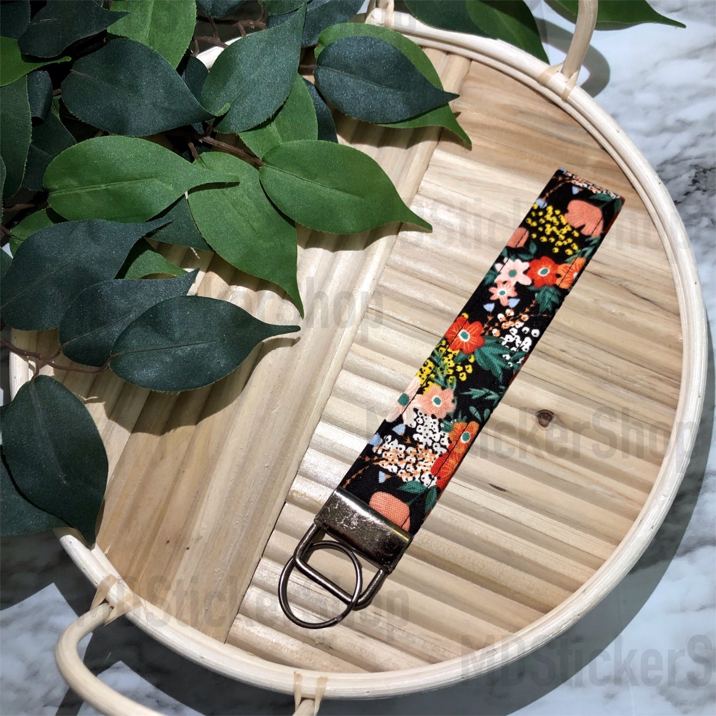 Black Floral Print Fabric Keychain, Key Fob