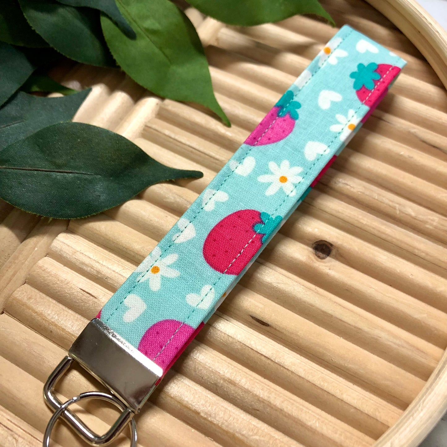 Floral Strawberry Print Fabric Keychain, Key Fob
