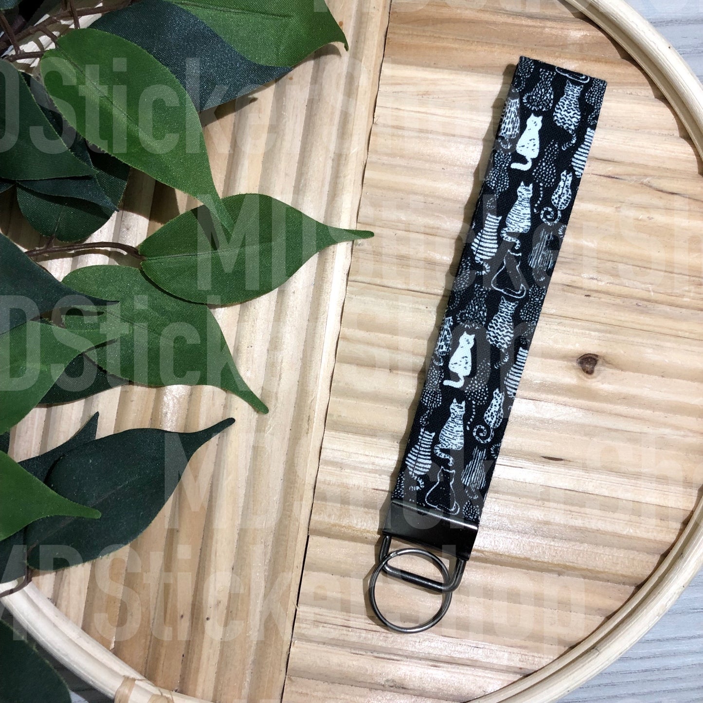 Cats on Black Print Fabric Keychain, Key Fob