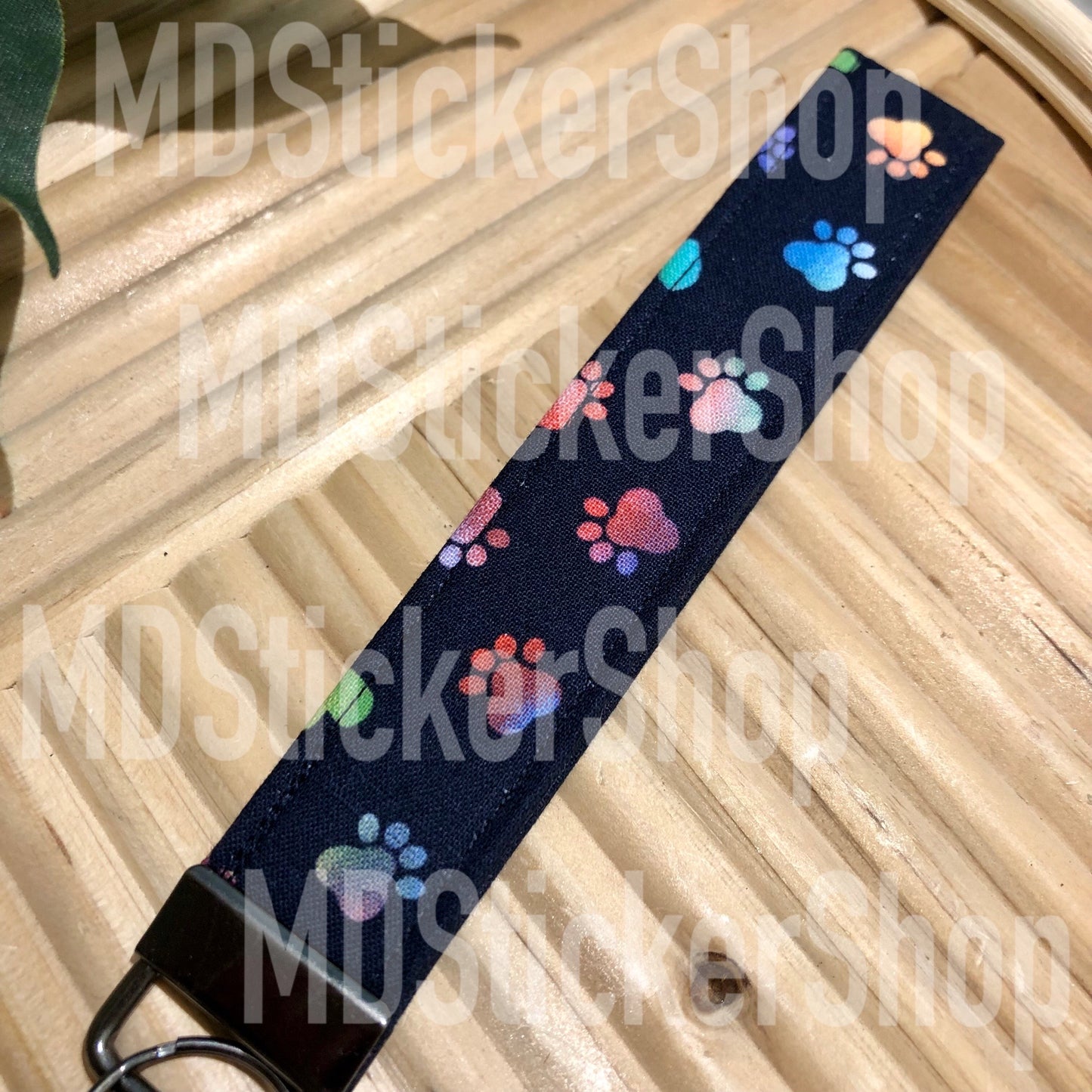 Colorful Paw Prints on Navy Print Fabric Keychain, Key Fob