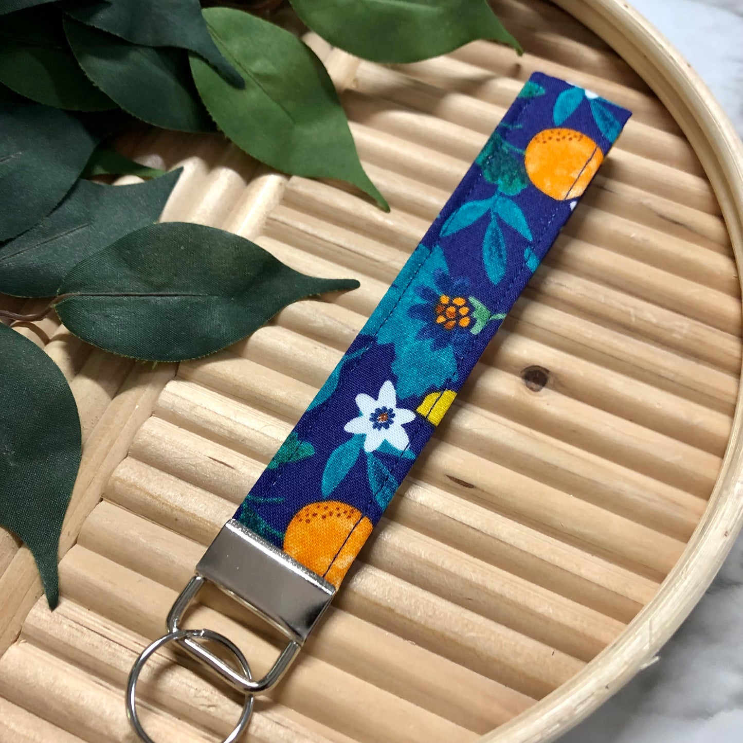 Oranges on Navy Print Fabric Keychain, Key Fob