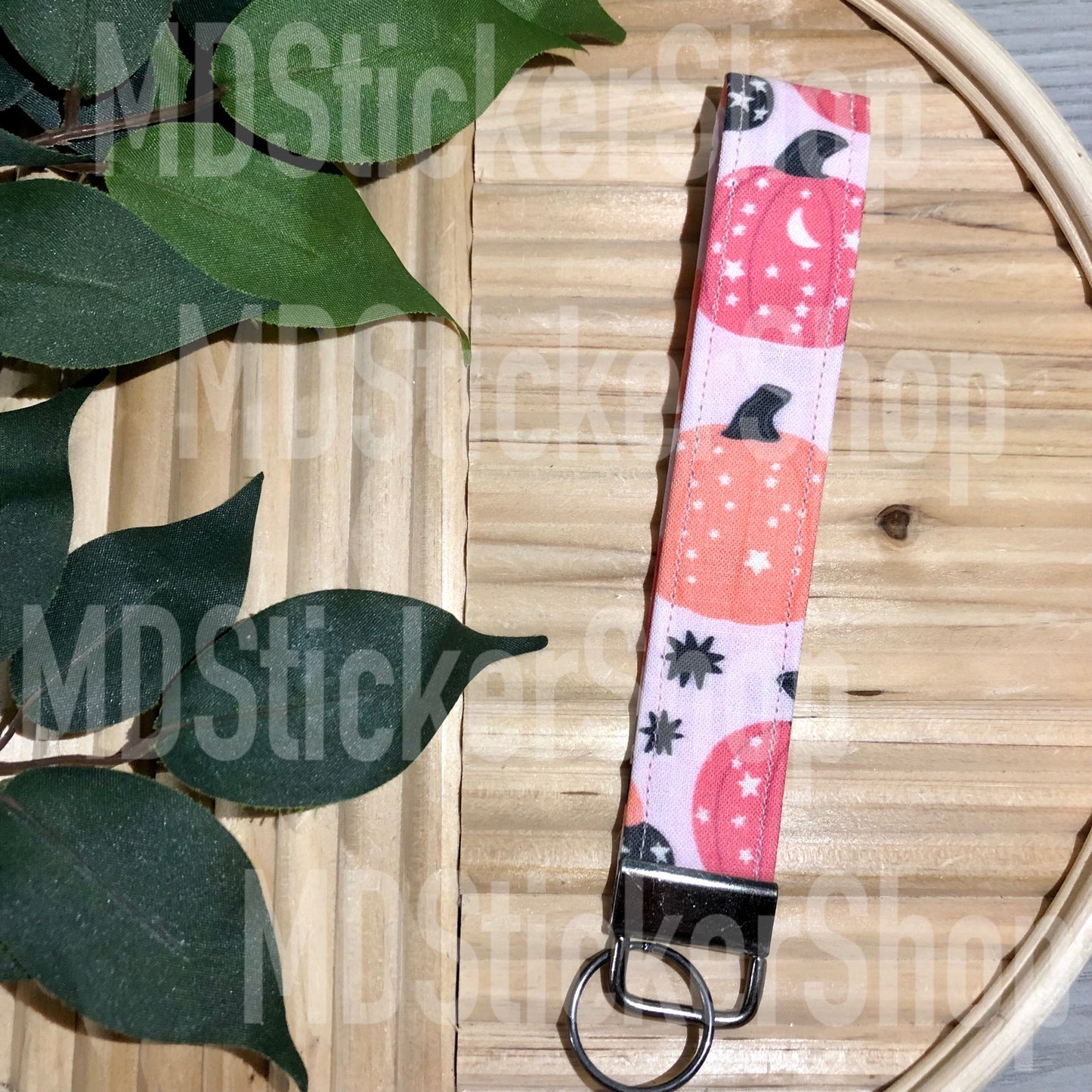 Pink Pumpkin Print Fabric Keychain, Key Fob