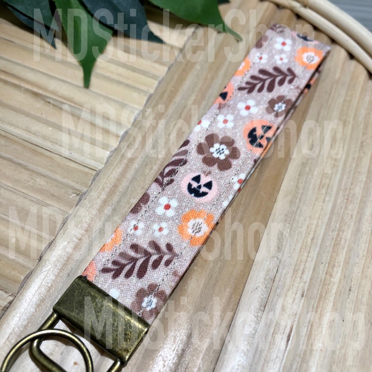 Floral Jack-O-Lantern Print Fabric Keychain, Key Fob