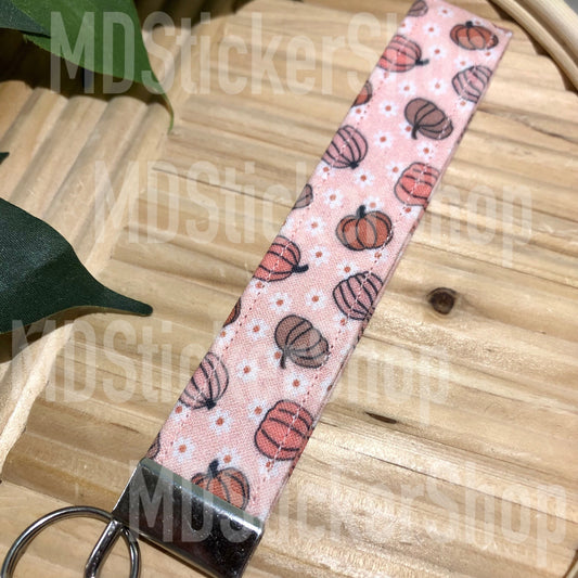 Neutral Daisy Pumpkin Print Fabric Keychain, Key Fob