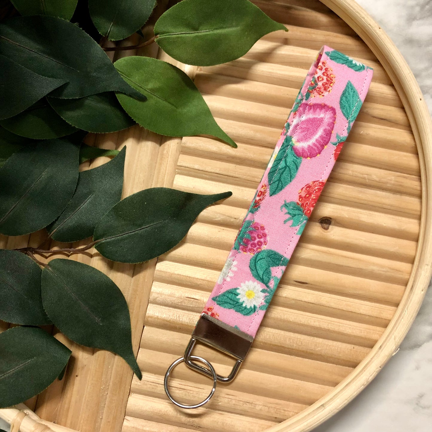 Pink & Red Strawberry Print Fabric Keychain, Key Fob