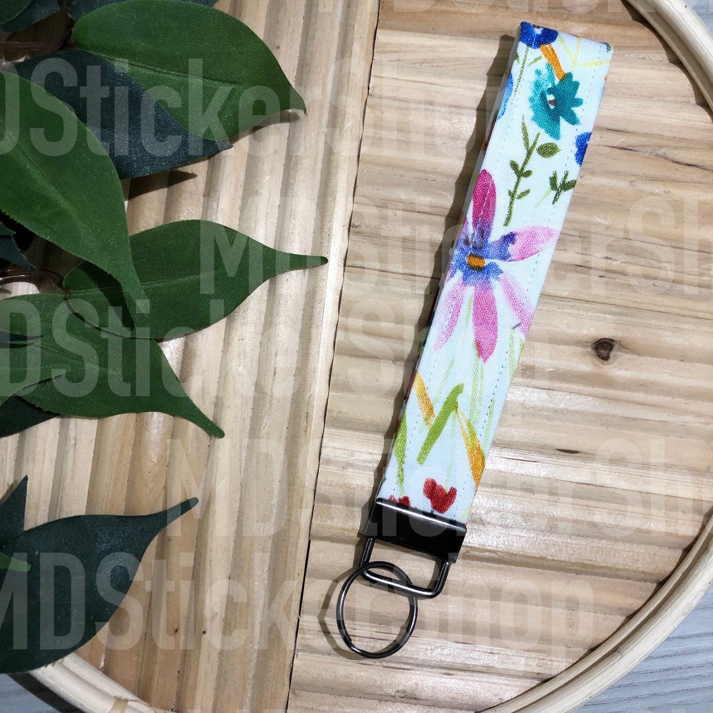 Summer Watercolor Floral Print Fabric Keychain, Key Fob