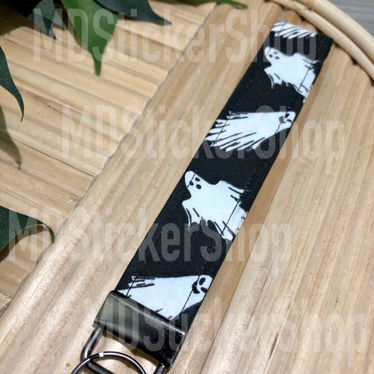 Black Ghost Print Fabric Keychain, Key Fob