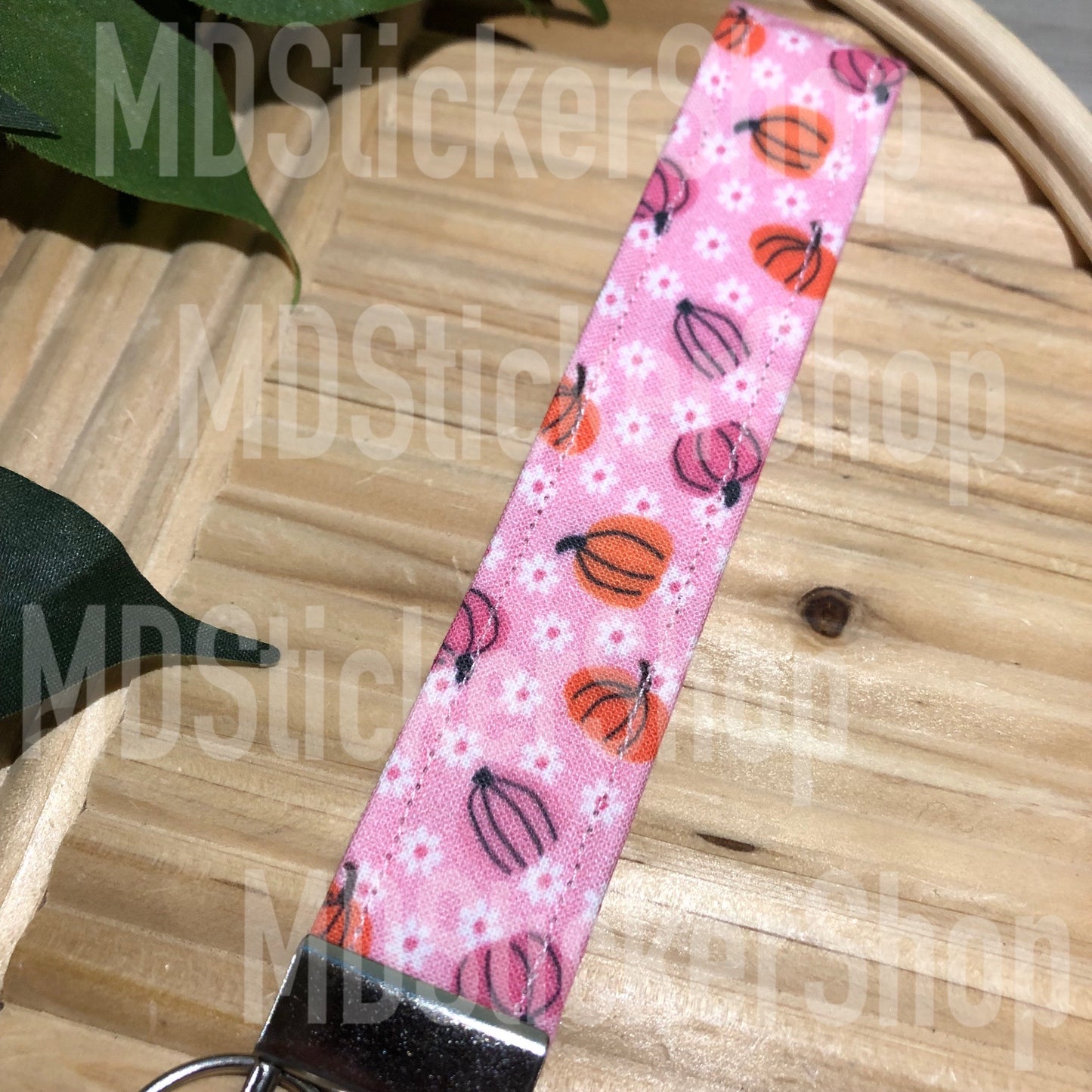Pink Daisy Pumpkin Print Fabric Keychain, Key Fob