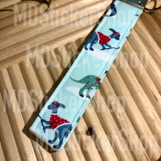 Skiing Dinosaurs Print Fabric Keychain, Key Fob