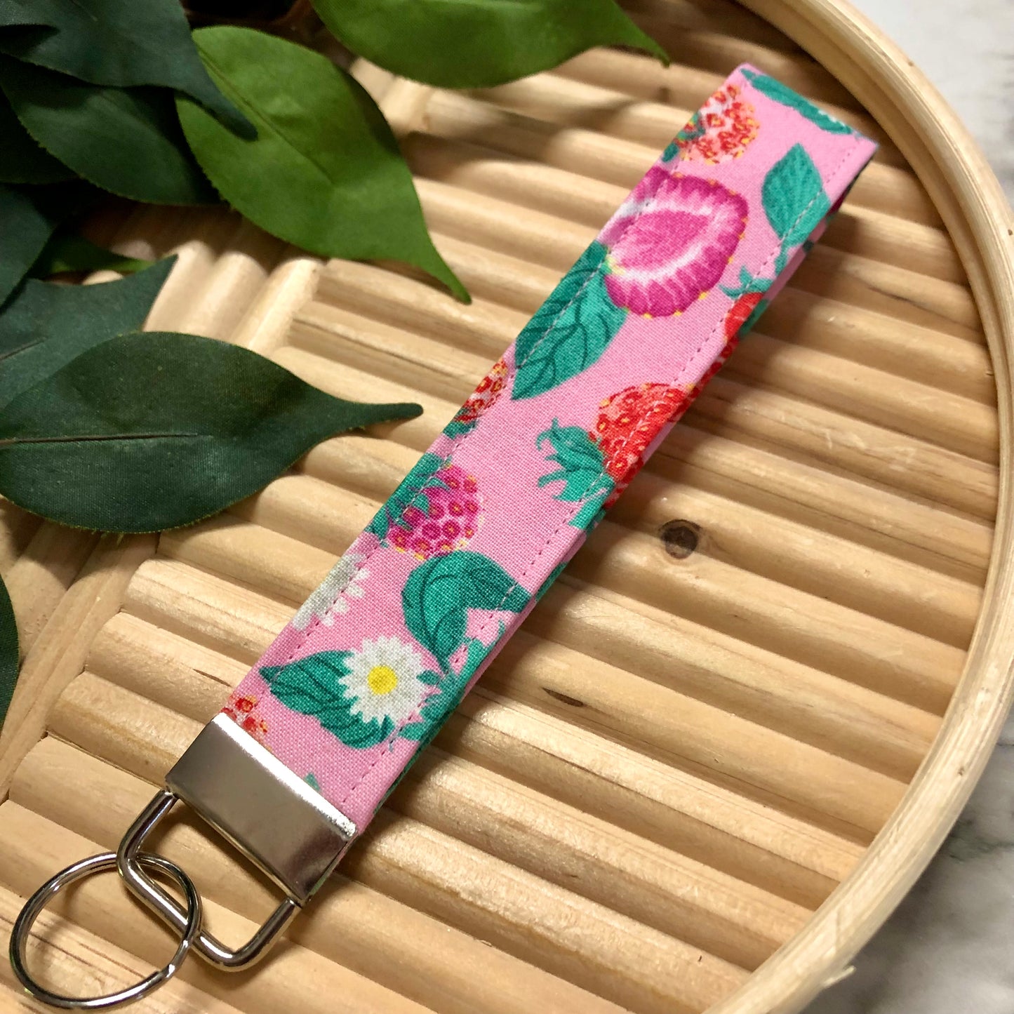 Pink & Red Strawberry Print Fabric Keychain, Key Fob