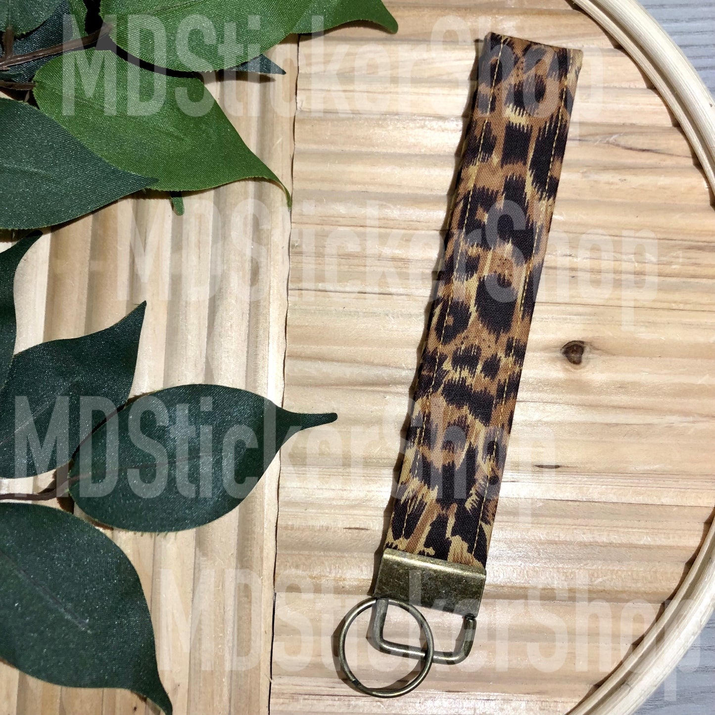 Brown Leopard Print Fabric Keychain, Key Fob