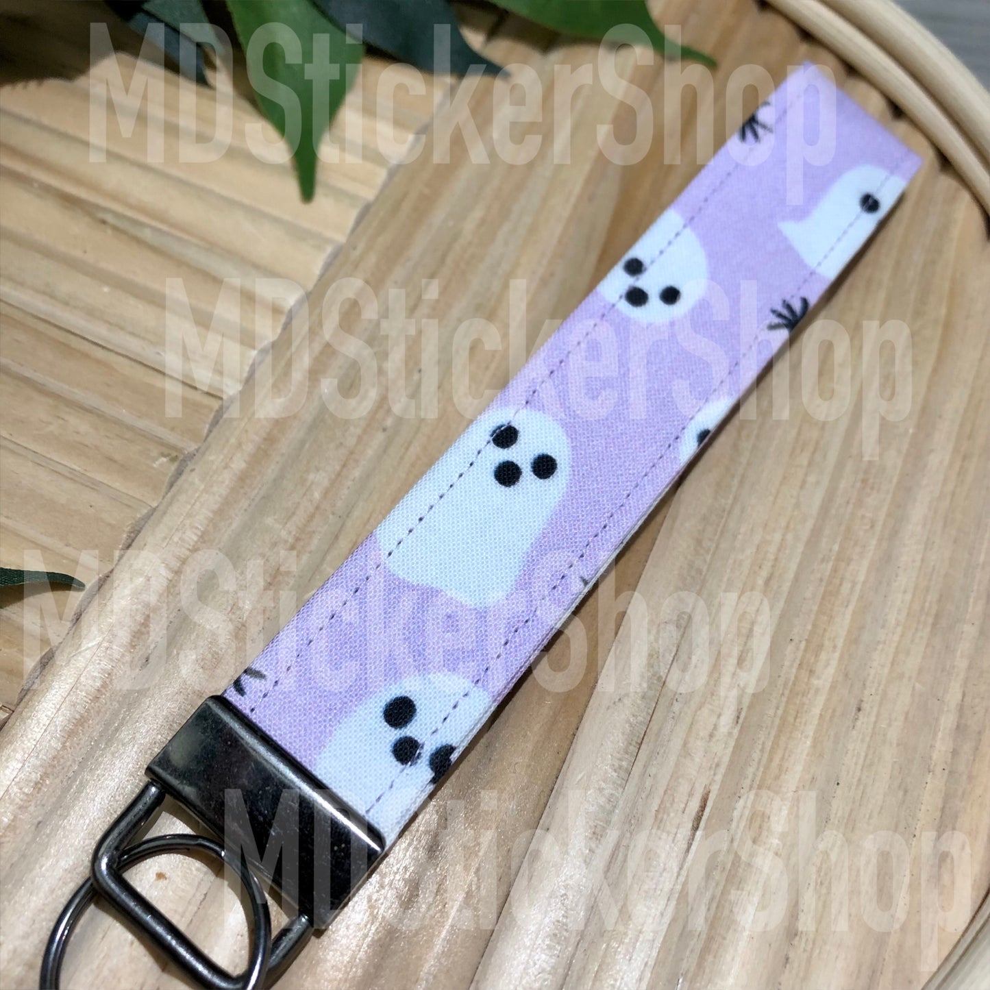 Purple Ghost Print Fabric Keychain, Key Fob